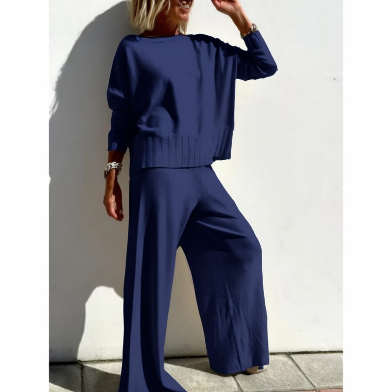 Knitted Wide-leg Pants Suit Sweater Pullover Women's Casual Trousers Suit