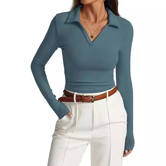 V-neck Slim-fit Casual Basic Pleated Top