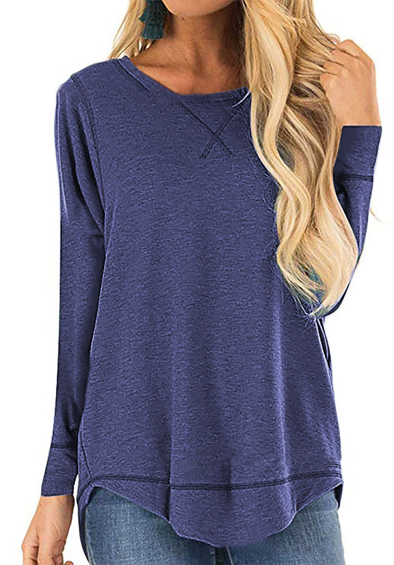 Women's Round Neck Long Sleeve Loose Top Short Front