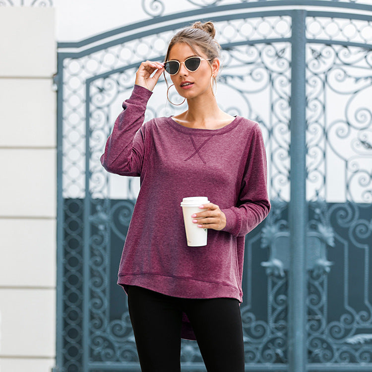 Women's Round Neck Long Sleeve Loose Top Short Front