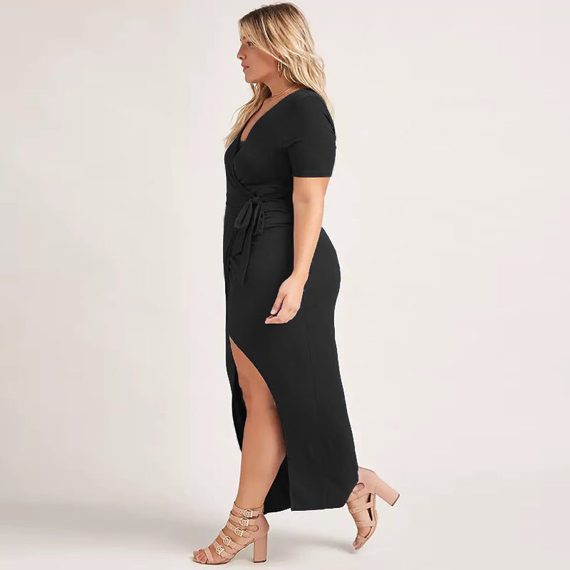 Sexy V-Neck Short-Sleeved Long Dress With Strappy Slit Fat Woman