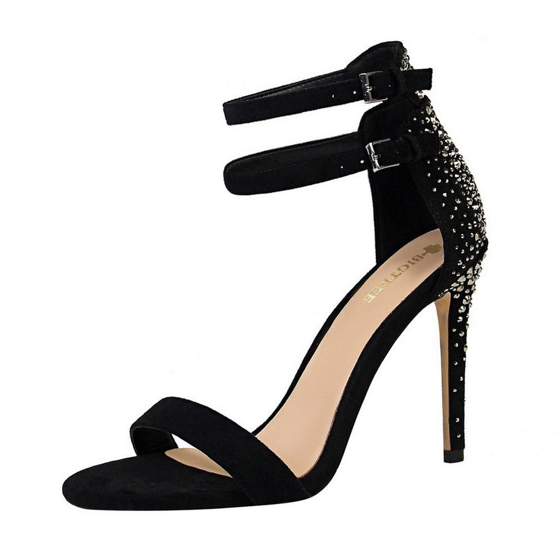 Stiletto High Heel Suede Back Rhinestone Strap Sandals