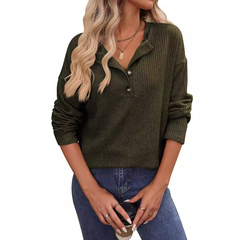 Women's Loose Sunken Stripe Long Sleeve Button T-shirt