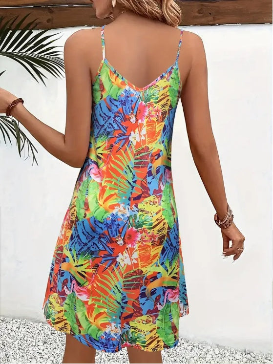 Women's Tropical Print V-Neck Cami Dress - Perfect For Spring Summer, Machine Washable