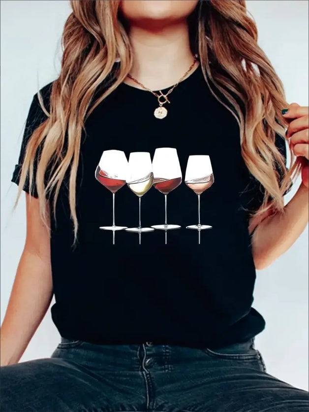 Wine Glass Graphic Print Solid T-Shirt, Crew Neck Short Sleeve Casual Top For Summer & Spring, Women's Clothing