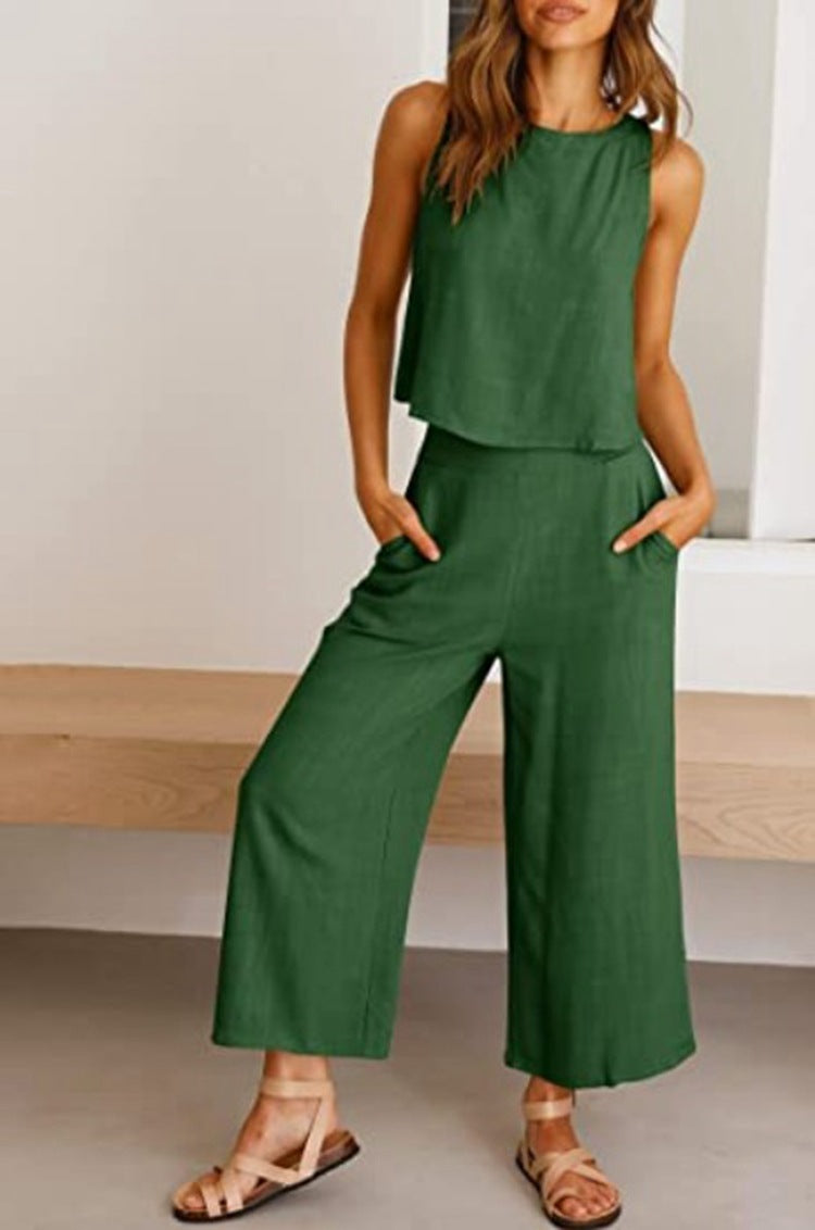 Sleeveless Vest Cropped Wide-leg Pants Suit