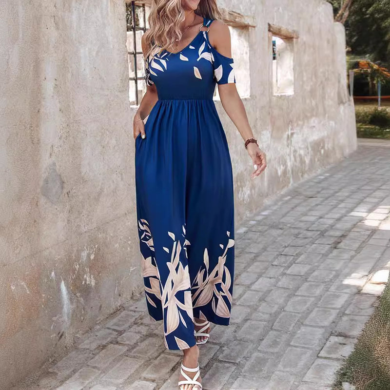 Fashion Shoulder-baring Printed Waist-controlled Long Dress