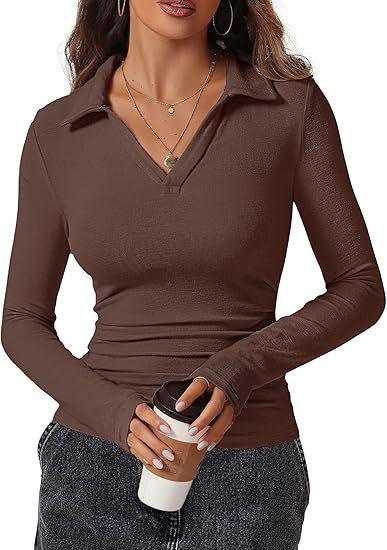 V-neck Slim-fit Casual Basic Pleated Top