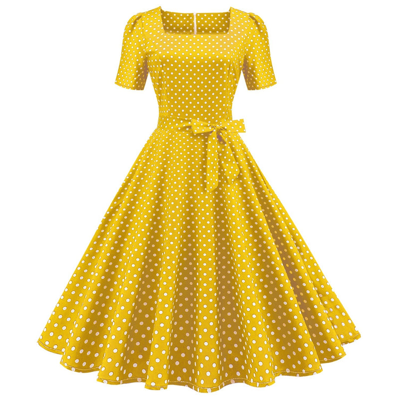 Polka Dot Printed Waist-controlled Large Swing Dress