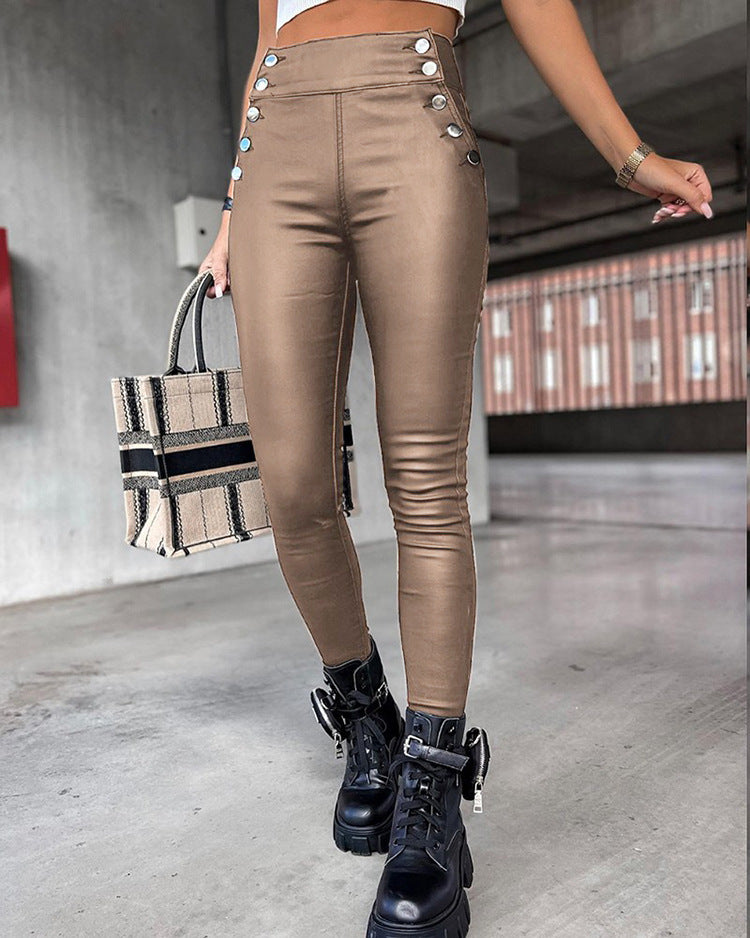 High Waist PU Leather Slim Fit Hip Raise Long Pants