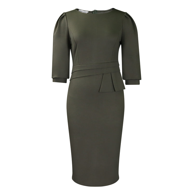 Round Neck Pleated Graceful And Fashionable OL OL Pencil Skirt European And American Style Dress