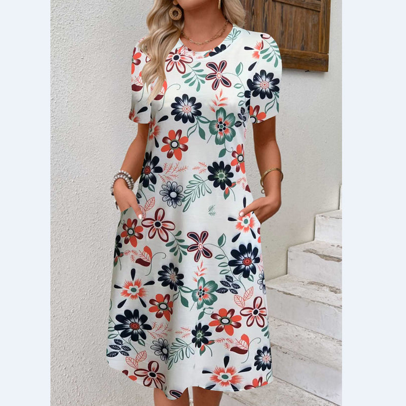 Printed Pocket Round Neck Short Sleeve Dress Women