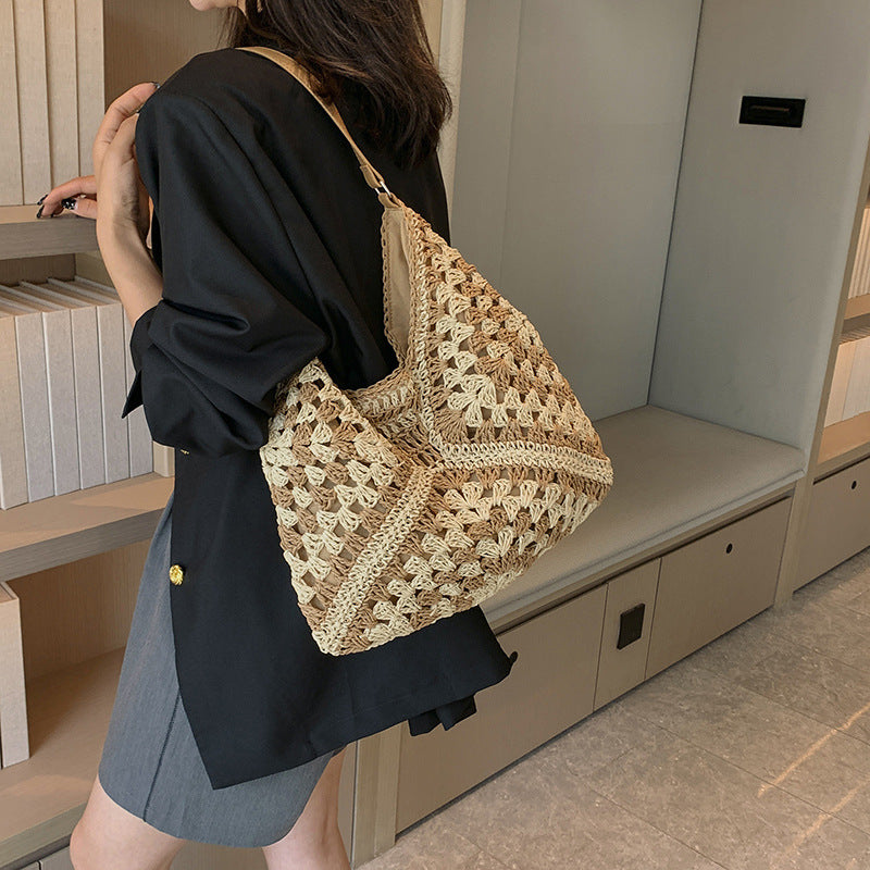 Women's Fashion Handmade Straw Woven Hollow Contrast Color Weave Shoulder Bag